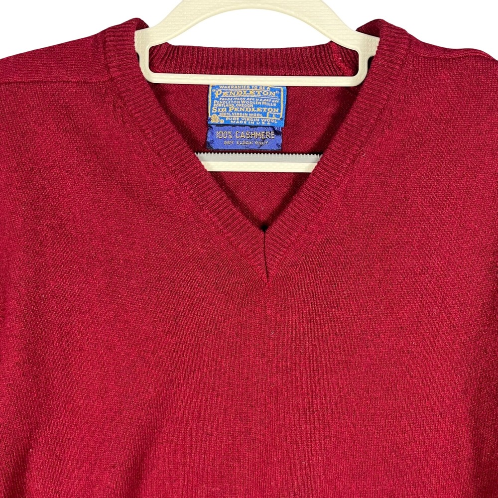 Vintage Pendleton V-Neck Sweater Mens Large Burgundy Red 100% Cashmere USA Made